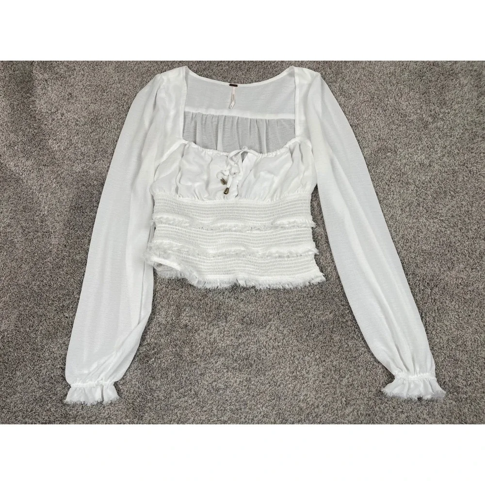 Free People Shirt Womens XS White Lolita Smocked Fringe Milkmaid Sheer Fairy Top
